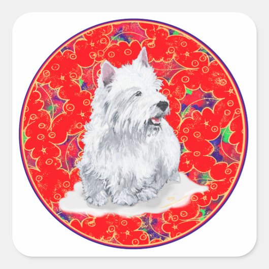 Westie Daar komt Kerstman Vierkante Sticker (Voorkant)