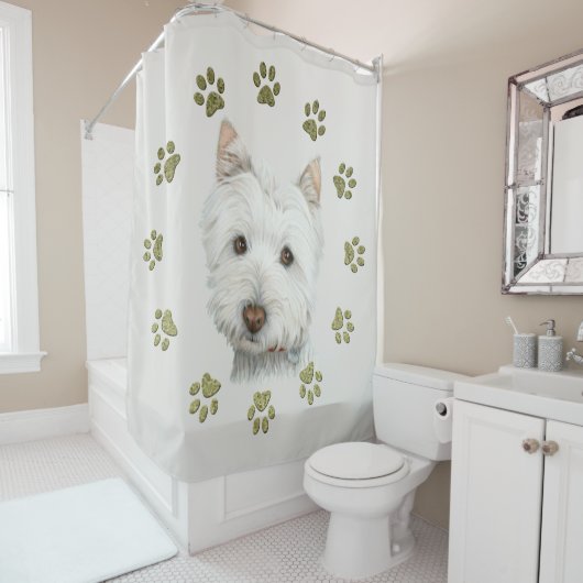 Westie Dog Art en Paws Shower Curtain Douchegordijn (In situ)