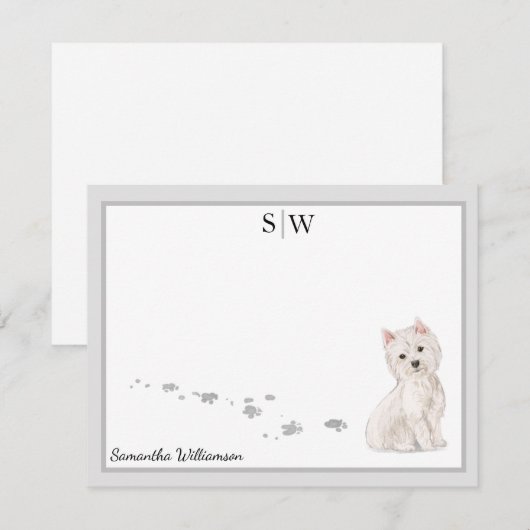 Westie Dog Grijs Grensmonogram Gepersonaliseerd Notitiekaartje (Voorkant / Achterkant)