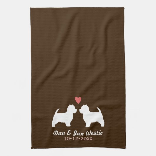 Westie Dog Silhouettes met hart en tekst Theedoek (Verticaal)