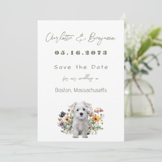 Westie Dog Wildflowers Wedding Save the Date (Staand voorkant)