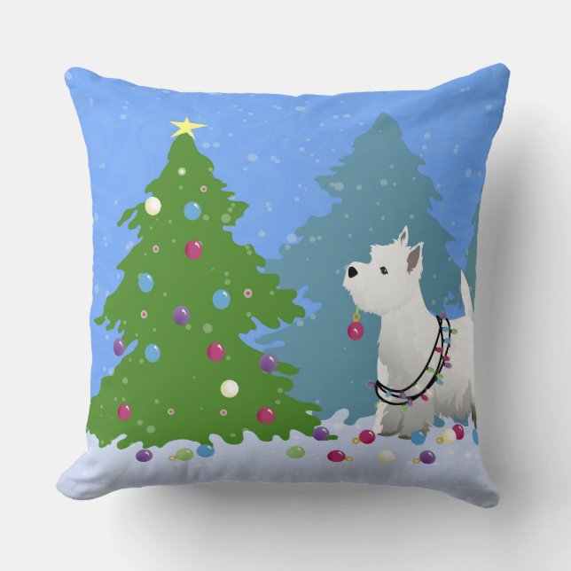 Westie Een kerstboom decorteren in het bos Kussen (Voorkant)
