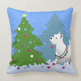 Westie Een kerstboom decorteren in het bos Kussen