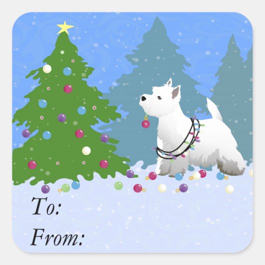 Westie Een kerstboom decorteren in het bos Vierkante Sticker (Voorkant)