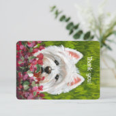Westie en roze bloemen bedankkaart (Staand voorkant)