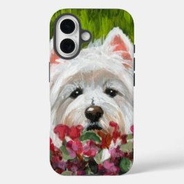 Westie en roze bloemen iPhone 16 hoesje