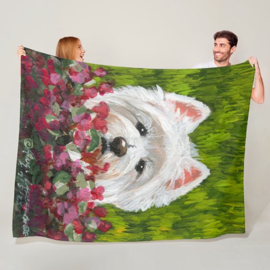 Westie en roze bloemen fleece deken (In situ)