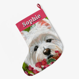 Westie en roze bloemen grote kerstsok