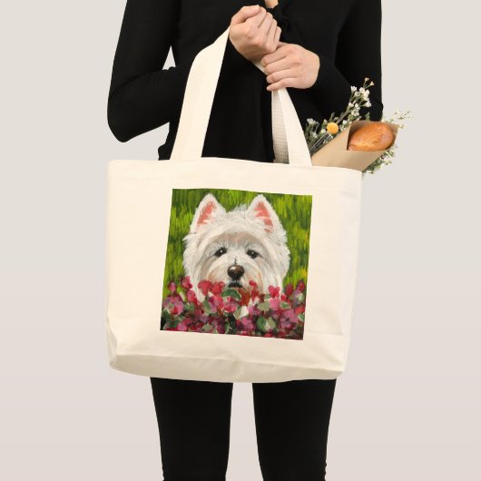 Westie en roze bloemen grote tote bag (Voorkant (product))