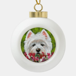 Westie en roze bloemen keramische bal ornament