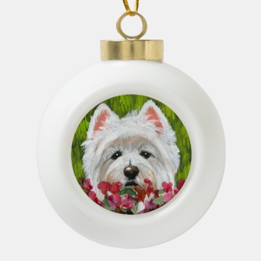 Westie en roze bloemen keramische bal ornament (Voorkant)