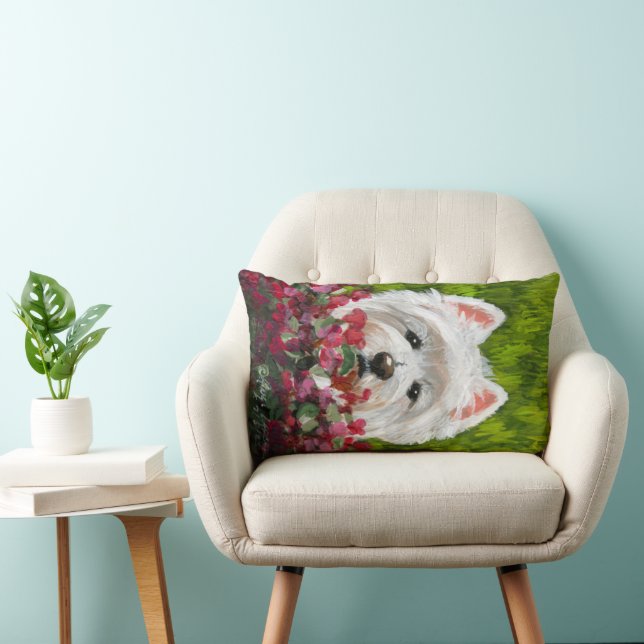 Westie en roze bloemen kussen (Stoel)