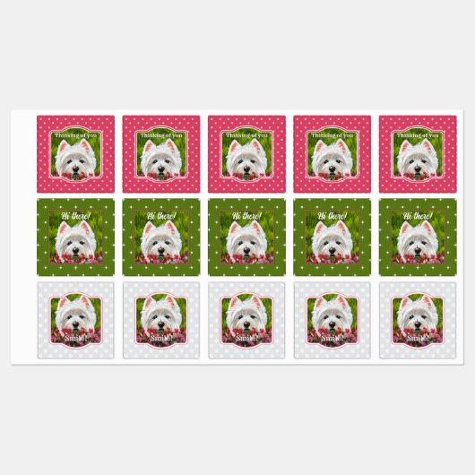 Westie en roze bloemen labels (Vel)