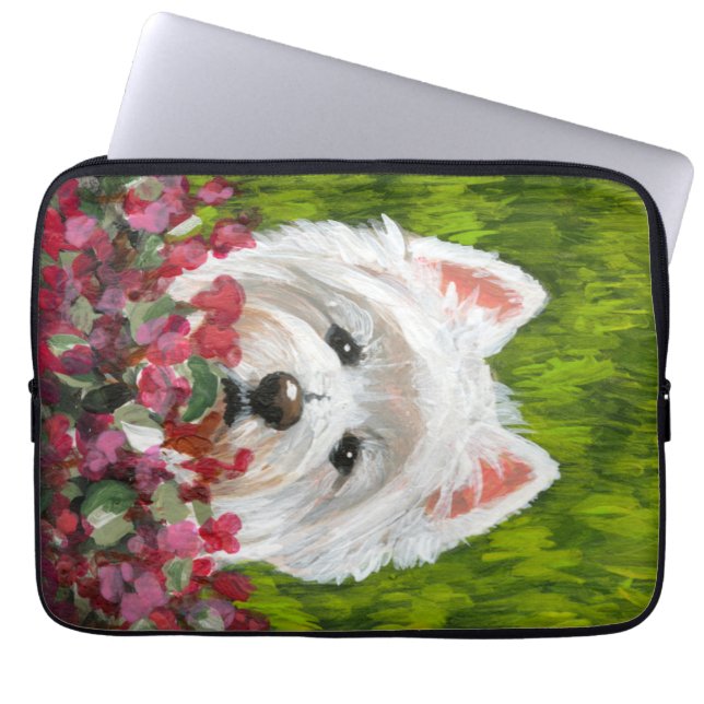 Westie en roze bloemen laptop sleeve (Voorkant)