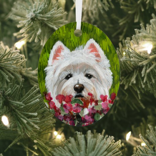 Westie en roze bloemen metalen ornament (Insitu)