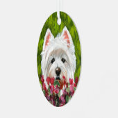 Westie en roze bloemen metalen ornament (Voorkant links)