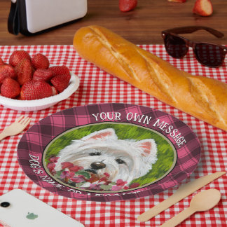 Westie en roze bloemen papieren bordje