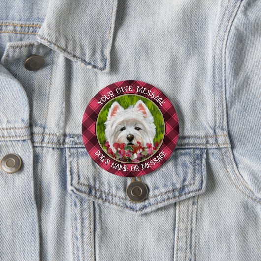 Westie en roze bloemen ronde button 7,6 cm (In situ)