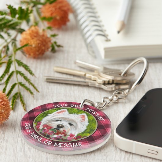 Westie en roze bloemen sleutelhanger (Voorkant Rechts)