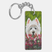Westie en roze bloemen sleutelhanger (Voorkant Links)