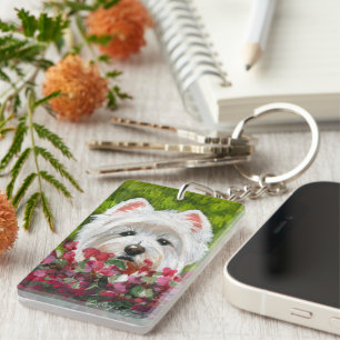 Westie en roze bloemen sleutelhanger