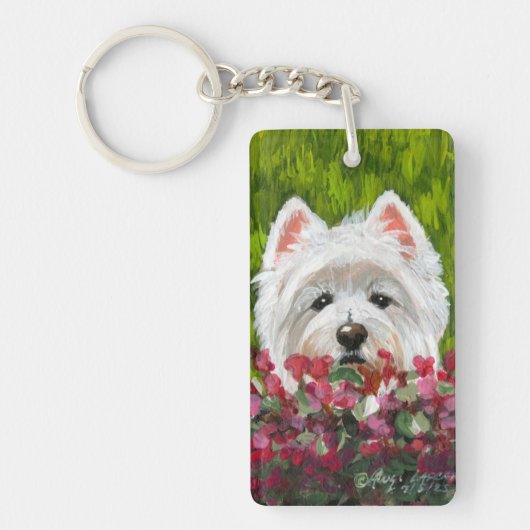Westie en roze bloemen sleutelhanger (Voorkant)