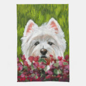 Westie en roze bloemen theedoek (Verticaal)