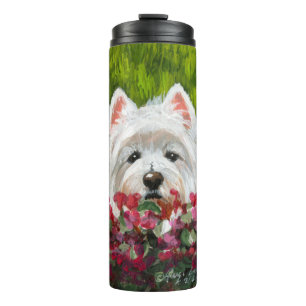 Westie en roze bloemen thermosbeker