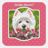 Westie en roze bloemen vierkante sticker (Voorkant)