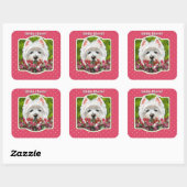 Westie en roze bloemen vierkante sticker (Vel)