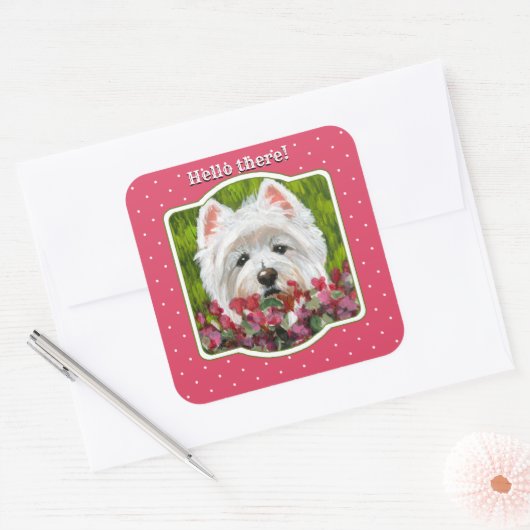 Westie en roze bloemen vierkante sticker (Envelop)