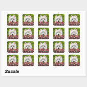 Westie en roze bloemen vierkante sticker (Vel)