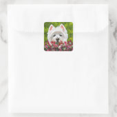 Westie en roze bloemen vierkante sticker (Tas)
