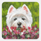 Westie en roze bloemen vierkante sticker (Voorkant)