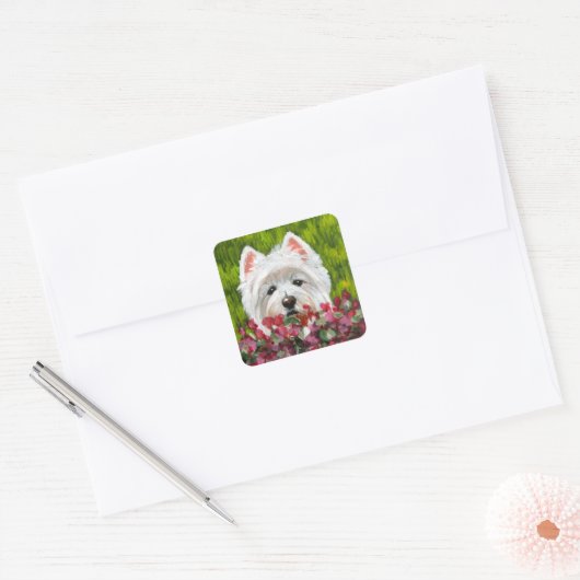 Westie en roze bloemen vierkante sticker (Envelop)
