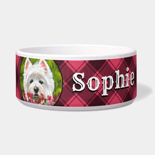 Westie en roze bloemen voerbakje (Voorkant)