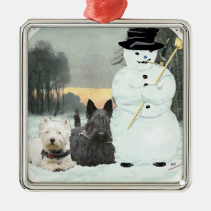 Westie en Scottie bouwen een Snowman Metalen Ornament