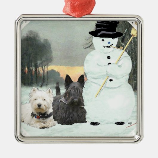 Westie en Scottie bouwen een Snowman Metalen Ornament (Voorkant)