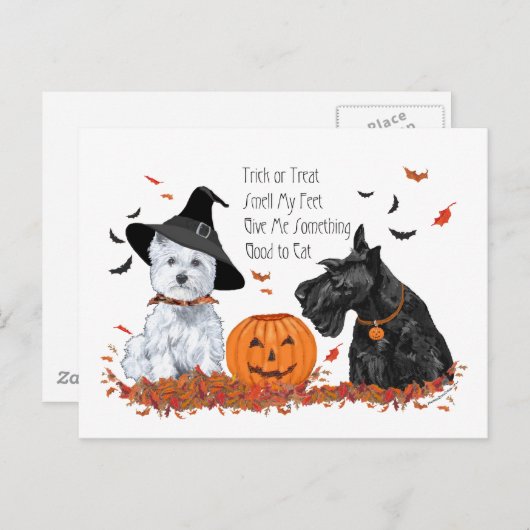 Westie en Scottie Halloween Feestdagenkaart (Voorkant / Achterkant)