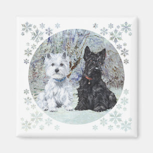 Westie en Scottie in besneeuwd landschap Magneet