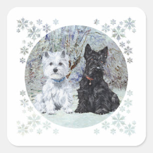 Westie en Scottie in besneeuwd landschap Vierkante Sticker