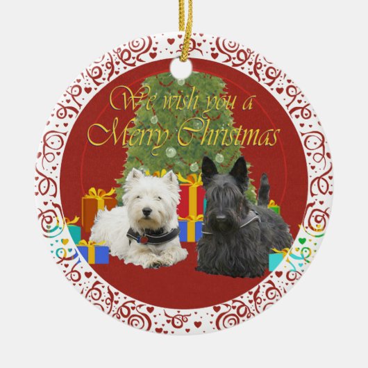 Westie en Scottie Merry Kerstmis Keramisch Ornament (Voorkant)