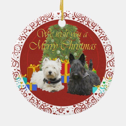 Westie en Scottie Merry Kerstmis Keramisch Ornament (Achterkant)