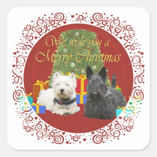Westie en Scottie Merry Kerstmis Vierkante Sticker (Voorkant)