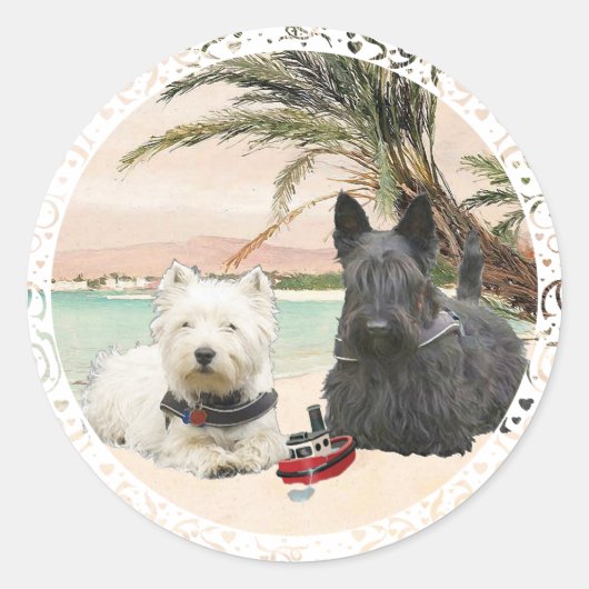 Westie en Scottie op Palmy Beach Ronde Sticker (Voorkant)