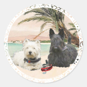 Westie en Scottie op Palmy Beach Ronde Sticker