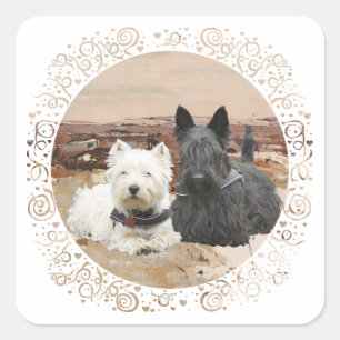 Westie en Scottie Together Autumn Vierkante Sticker