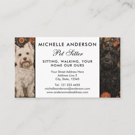 Westie en Scottie Zwart en Wit hondenoppas huisdie Visitekaartje (Voorkant)