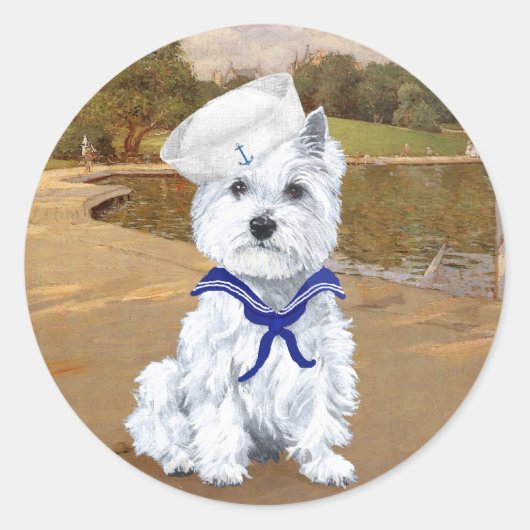Westie en zeilboten ronde sticker (Voorkant)