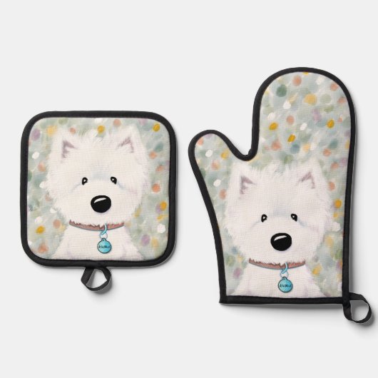 Westie Impressies Oven Mitt & Pot Holder Set (Voorkant)
